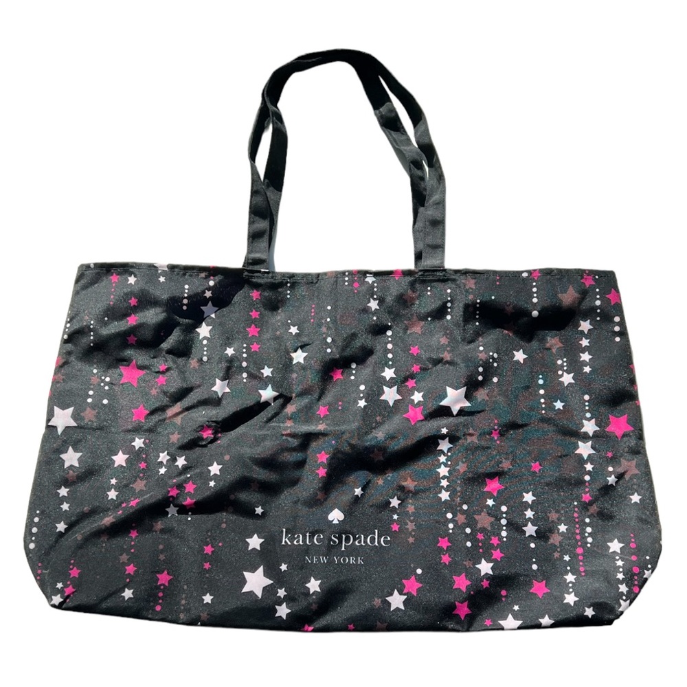 NEW Kate Spade Black Multi Color with Light and Dark Pink Stars Canvas Tote XL